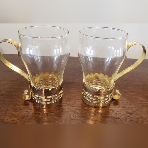 Vintage Glass Mugs with Brass Bands and Handles - Picture 7 of 16